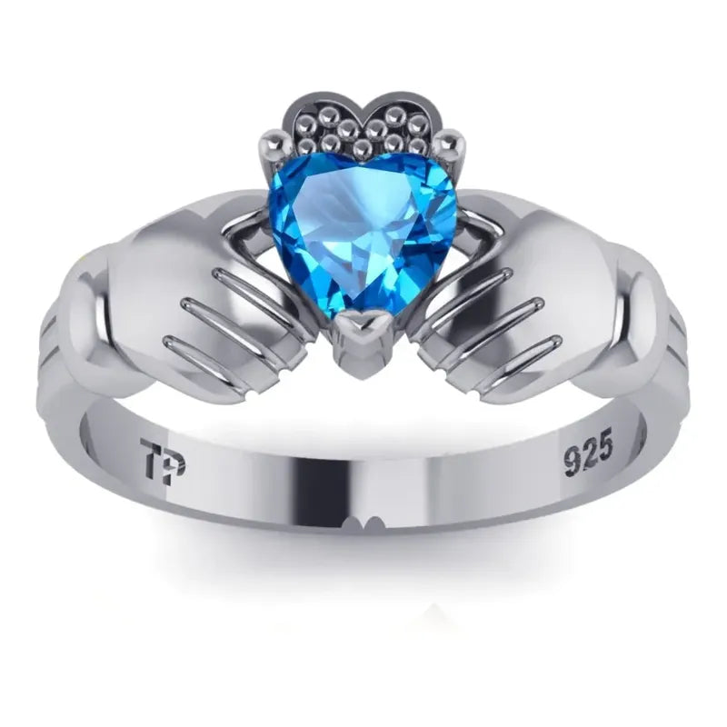 Anel De Prata 925 Claddagh Topázio Azul- Unissex