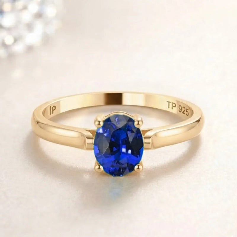 Anel Solitário Oval Em Prata 925 Dourada 18k - Safira