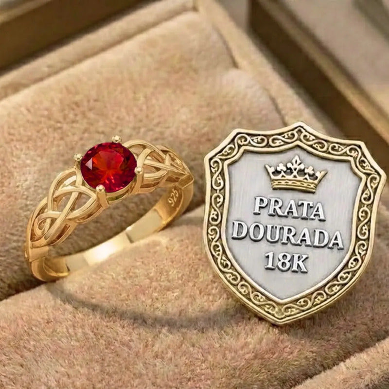 Anel Solitário Celta Knot Prata 925 Dourada 18k - Granada 26