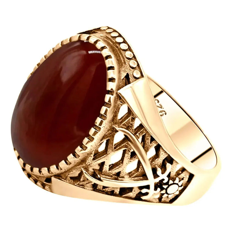 Anel Masculino Oval Prata 925 Dourada Ouro 18k Ágata 31