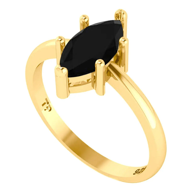 Anel Navete Prata 925 Dourada Ouro 18k - Black Ônix