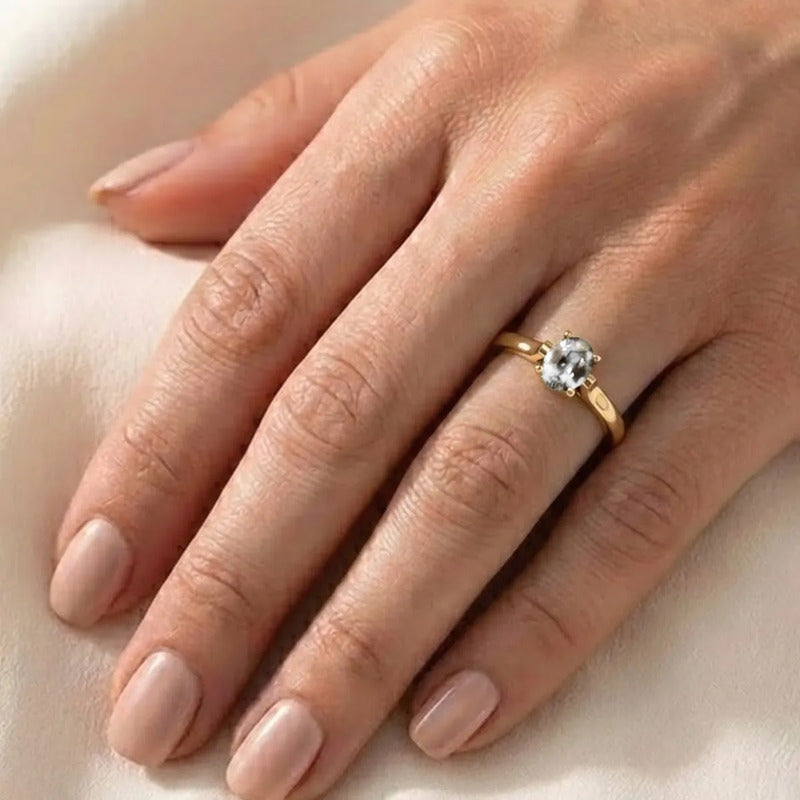 Anel Solitário Oval Em Prata 925 Dourada 18k - Zircônia