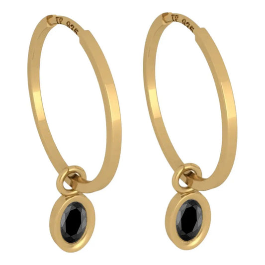 Brinco Argola Prata 925 Dourada 18k Pingente Oval - Onix Dourado