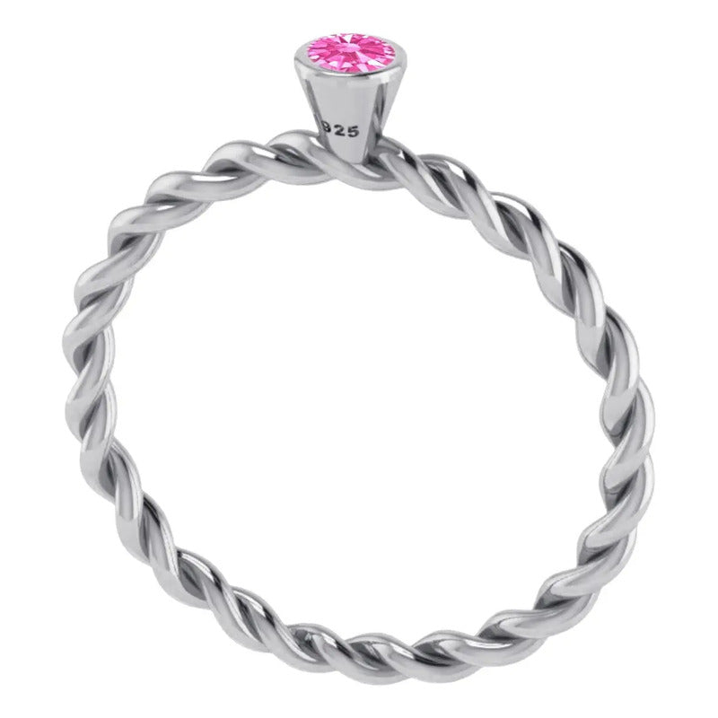 Anel Prata 925 Solitário Torcido Safira Rosa - Exclusivo