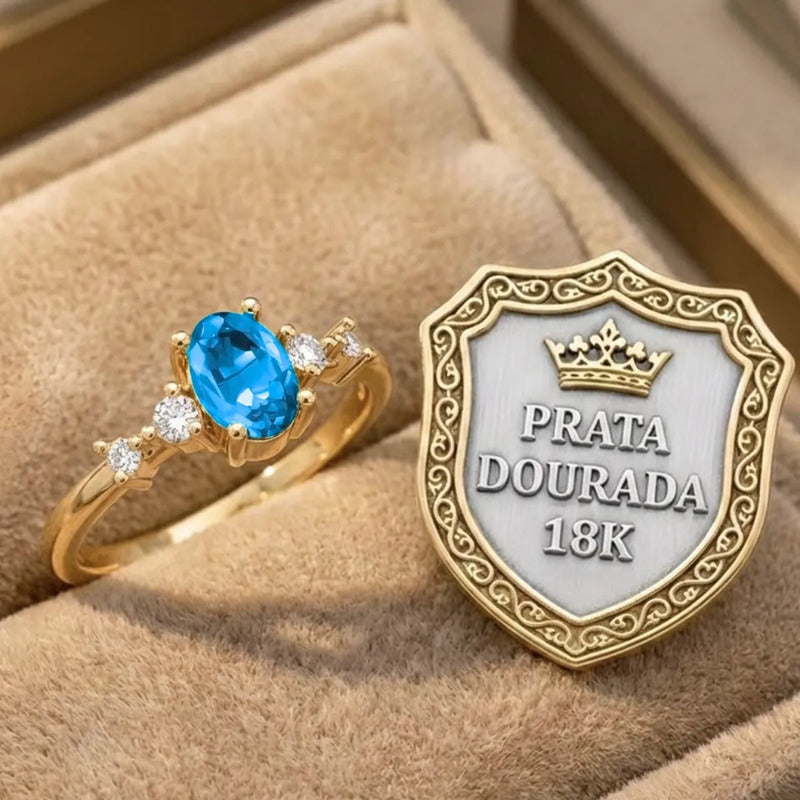 Anel London De Prata 925 Dourada Ouro 18k - Água Marinha