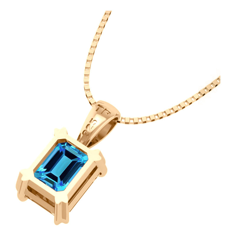 Colar Pingente Retangular Prata 925 Dourada 18k Topázio Azul