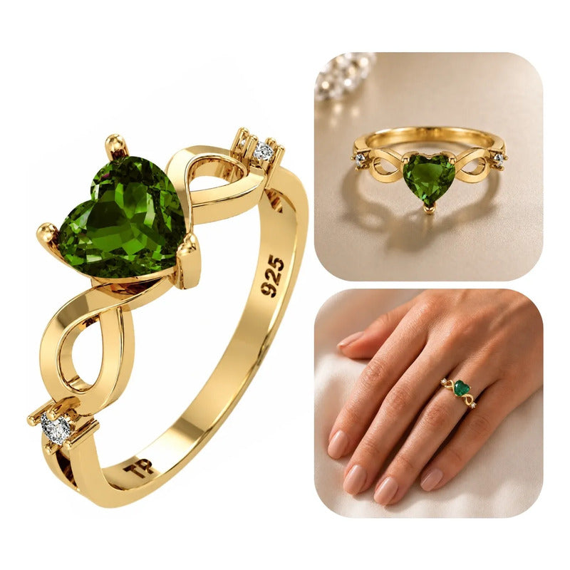 Anel Prata 925 Dourada 18k Infinito Amor Coração - Esmeralda