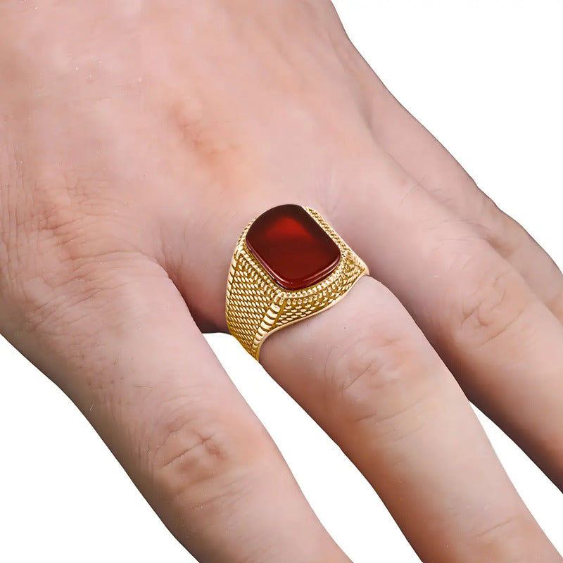 Anel Masculino Tudo Prata 925 Banhado Ouro 18k Ágata Vermelha Tamanho 29 Vermelho