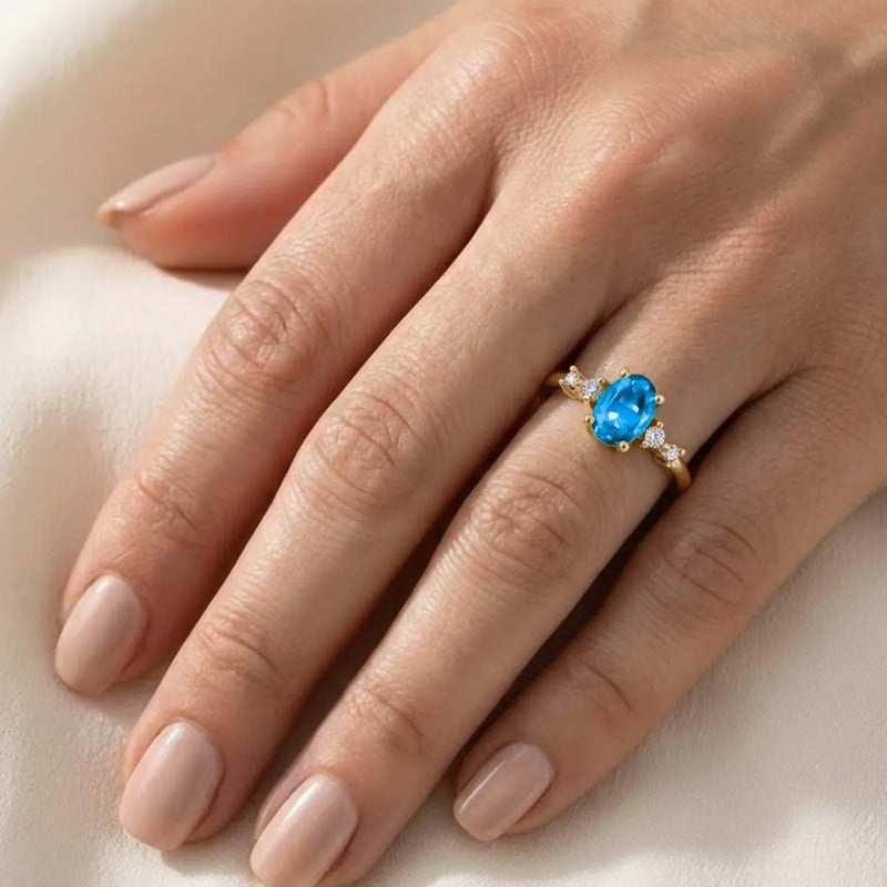 Anel London De Prata 925 Dourada Ouro 18k - Água Marinha