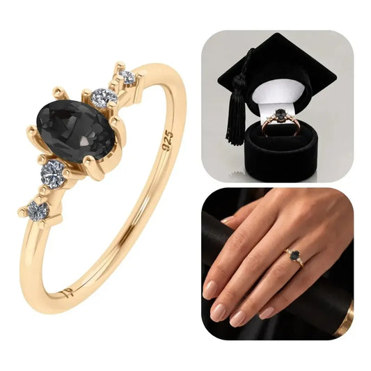 Anel Formatura Feminino Prata 925 Dourada 18k + Capelo Onix 12-13