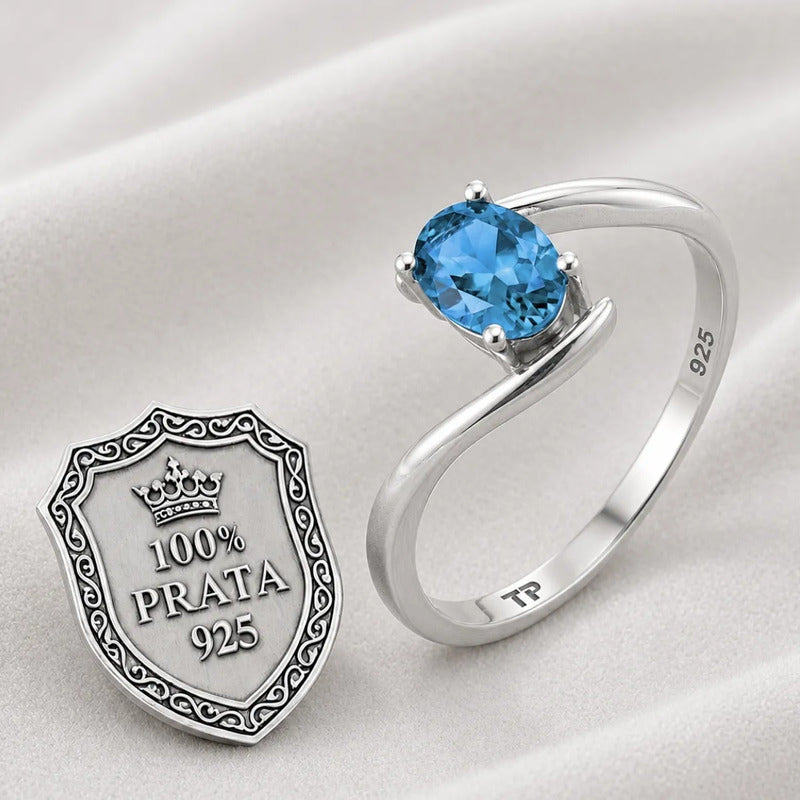 Anel Prata 925 Solitário Miami Topázio Azul - Exclusivo