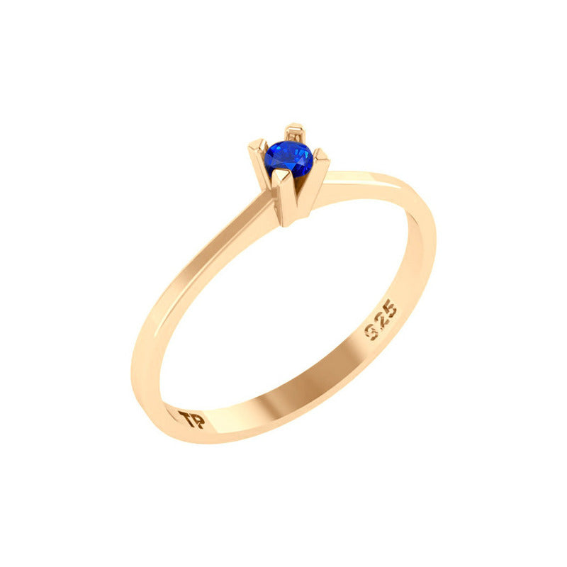 Anel Solitário Prata 925 Dourada 18k - Safira