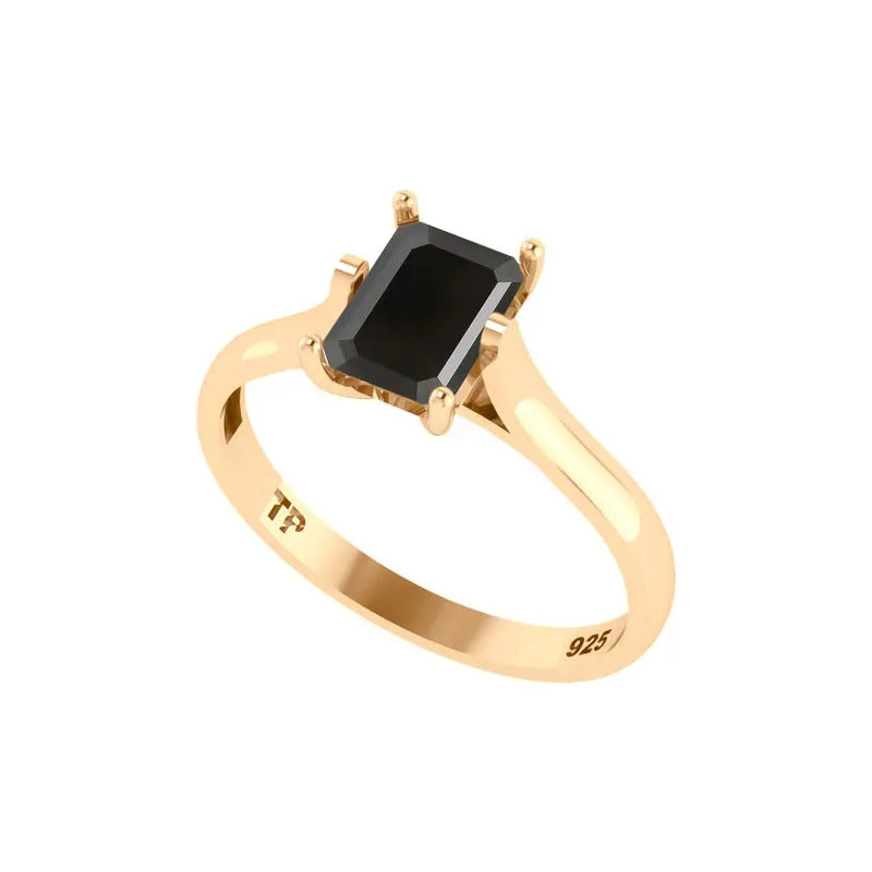 Anel Solitário Retangular Prata 925 Dourada 18k - Black Ônix