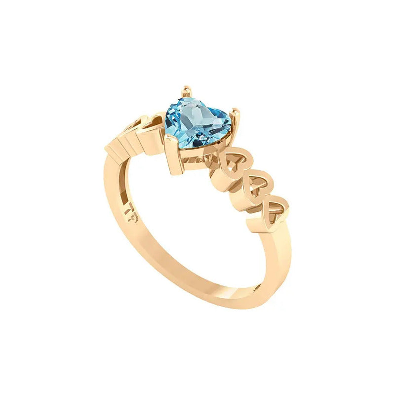 Anel Luxo Coração Prata 925 Dourada A Ouro 18k- Topázio Azul