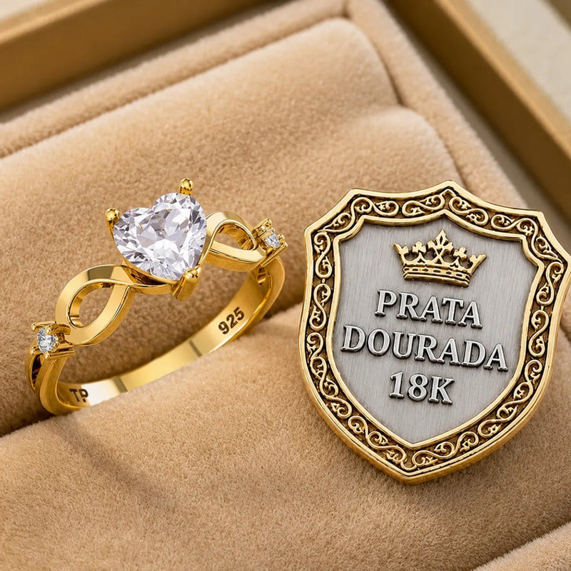 Anel Prata 925 Dourada 18k Infinito Amor Coração - Zircônia