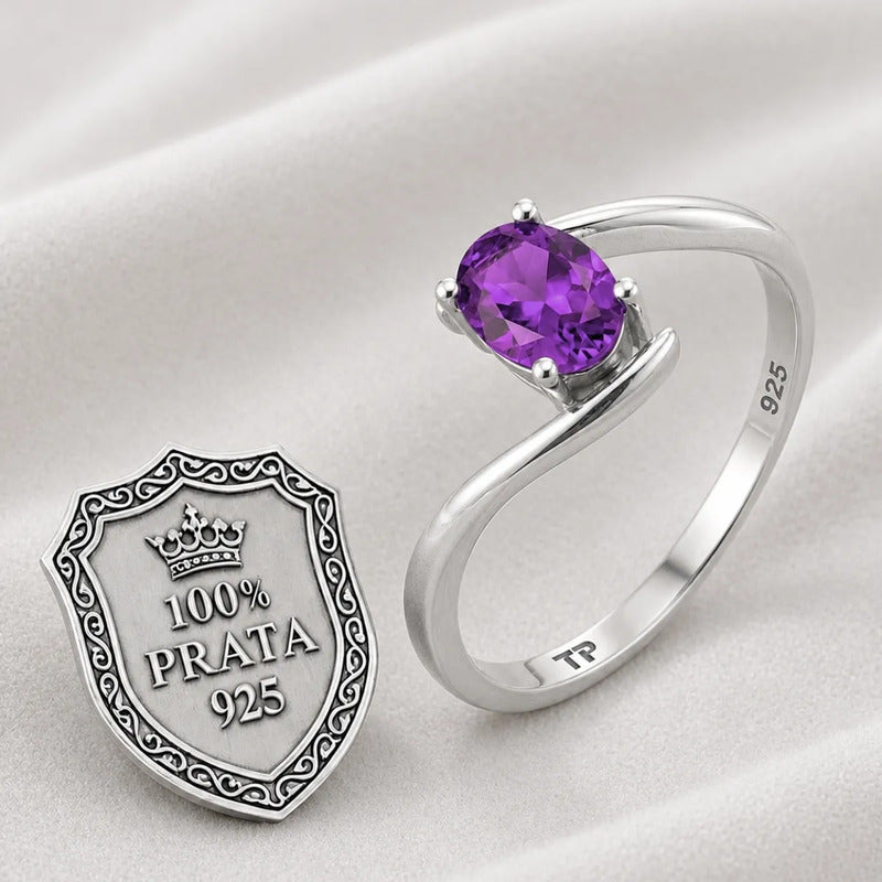 Anel De Prata 925 Solitário Miami Ametista - Feminino