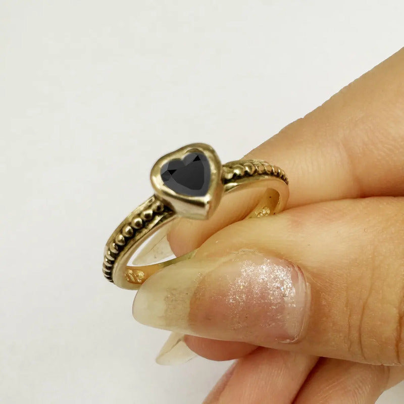 Anel Prata 925 Dourada 18k Solitário Coração - Onix