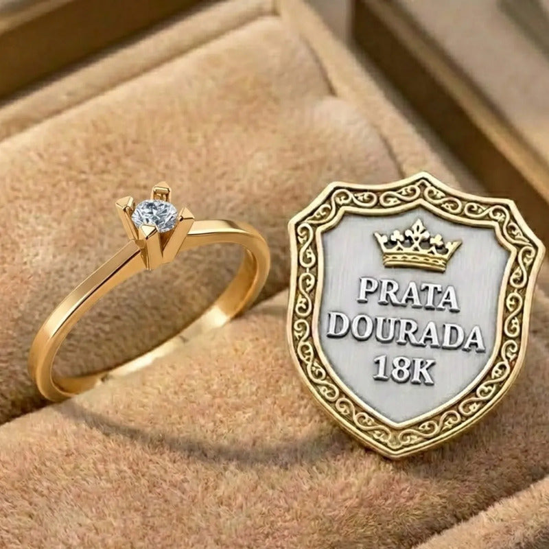 Anel Solitário Clássico Prata 925 Dourada 18k - Zircônia