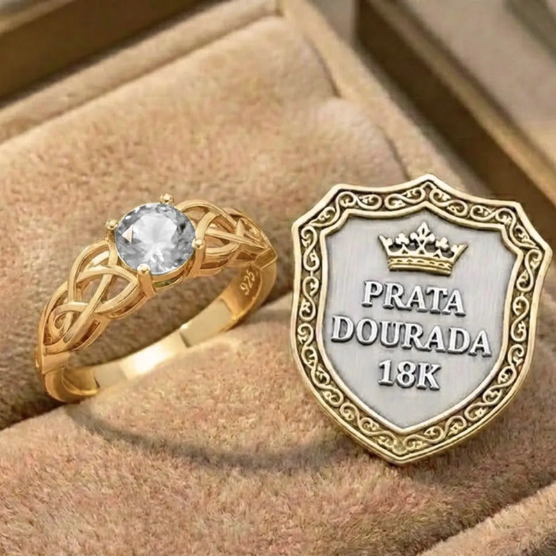 Anel Solitário Celta Knot Prata 925 Dourada 18k - Zircônia