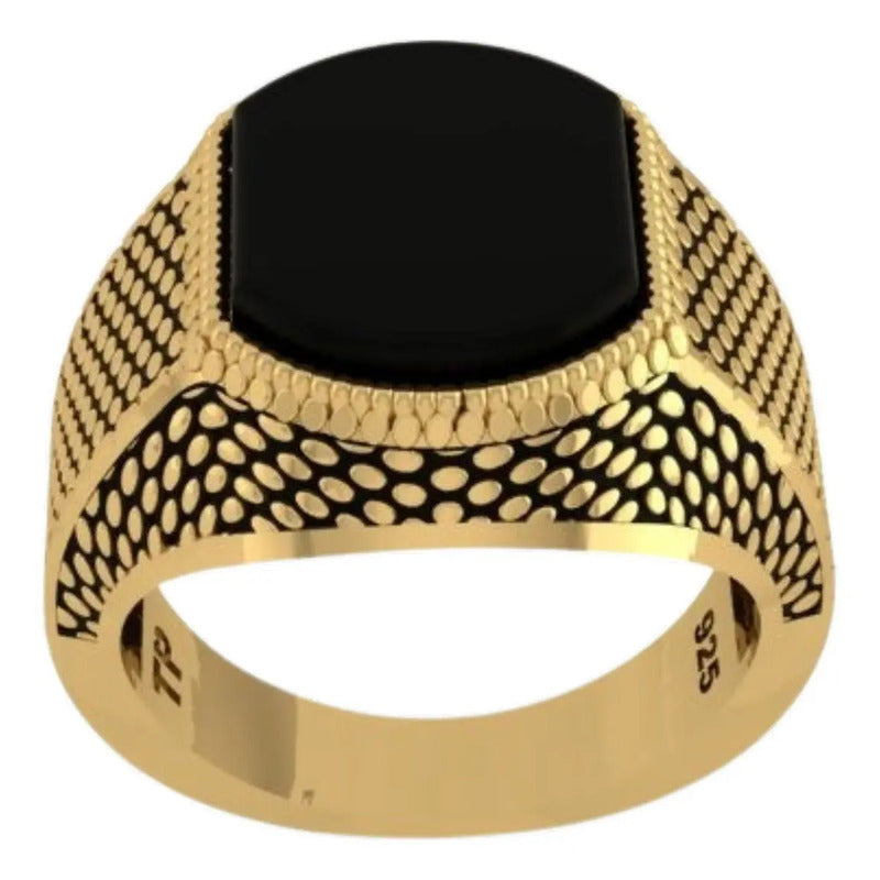 Anel Masculino Prata 925 Dourada Ouro 18k - Black Ônix