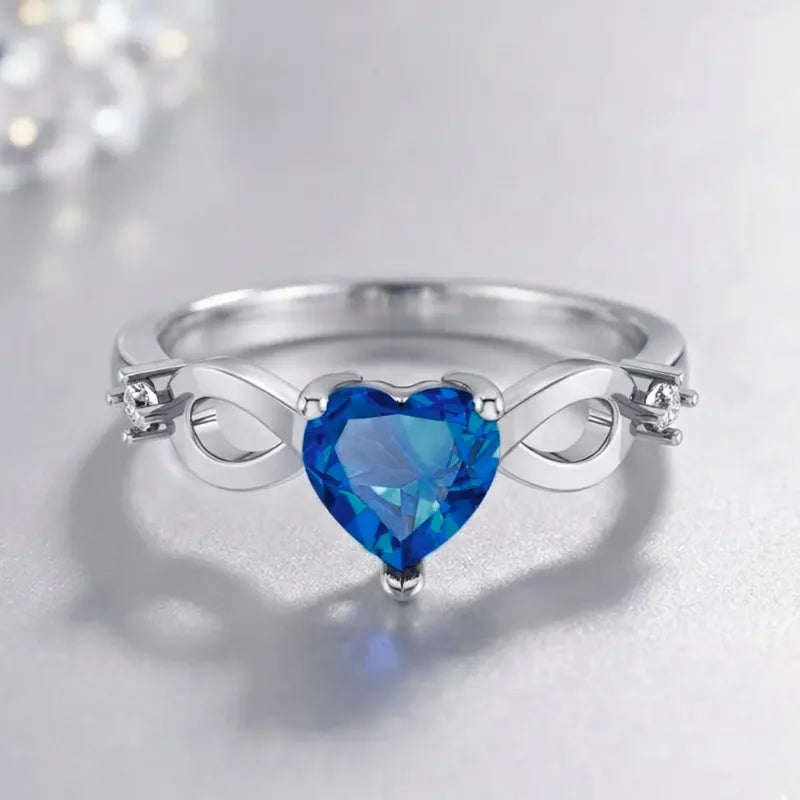 Anel Prata 925 Infinito Amor Coração - Safira Azul