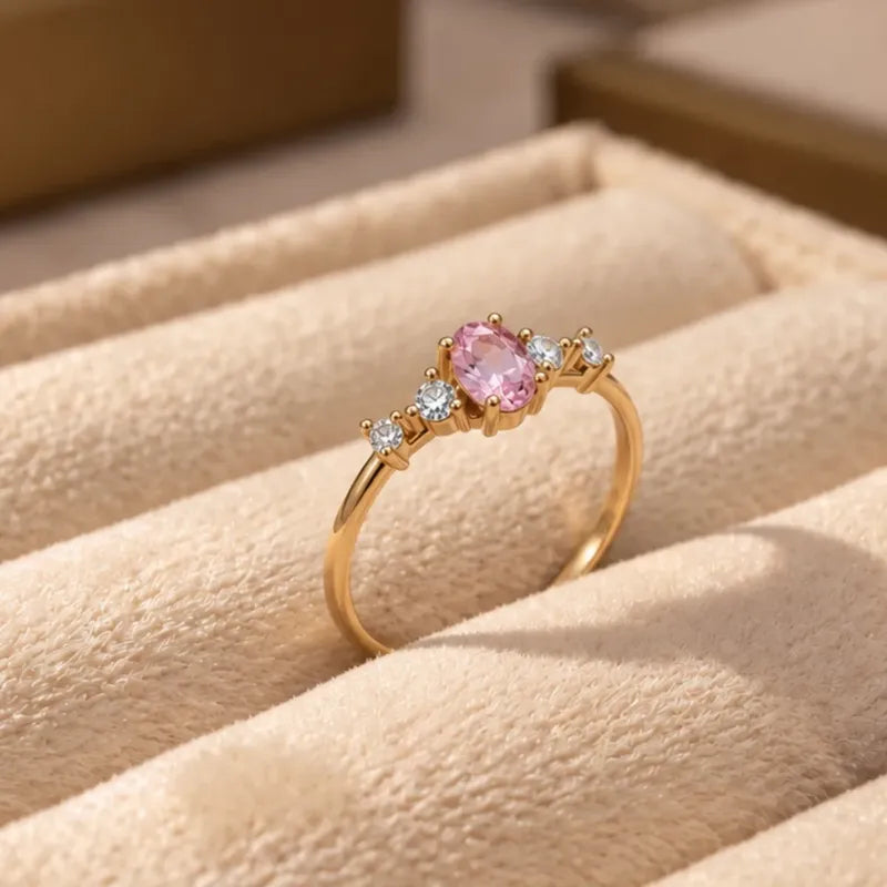 Anel London Prata 925 Dourada Ouro 18k - Safira Rosa 17