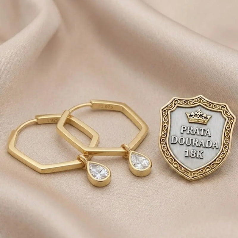 Brinco Argola Hexagonal Prata 925 Dourada 18k Gota Dourado