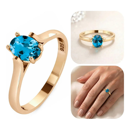 Anel Solitário Oval Em Prata 925 Dourada 18k - Topázio Azul