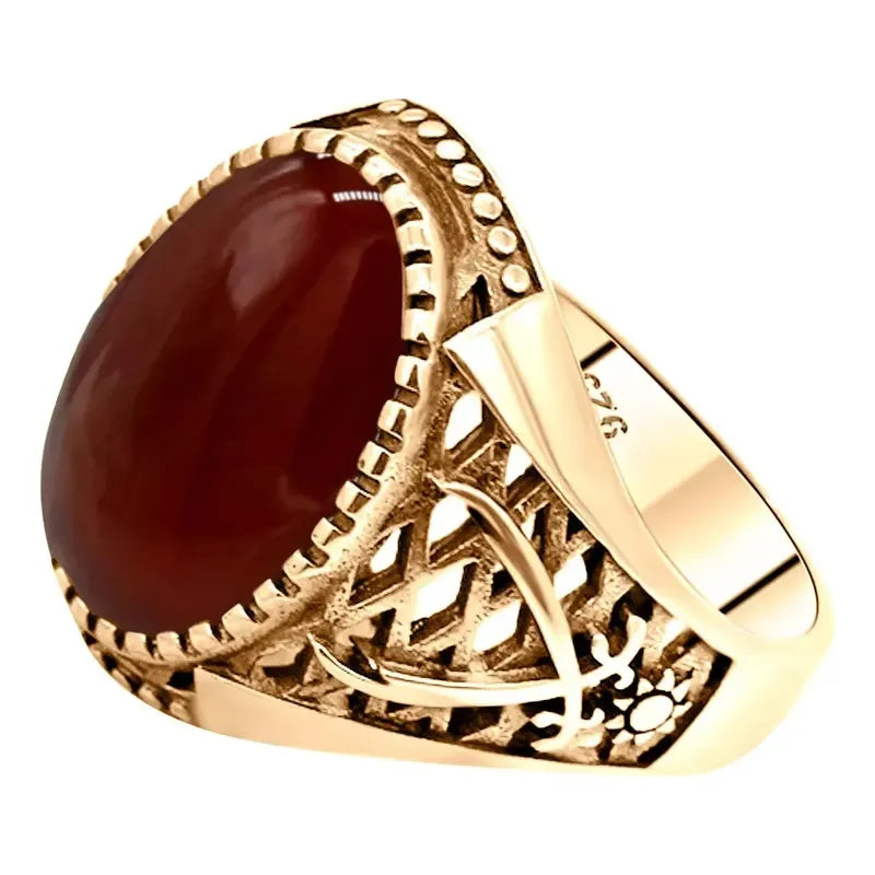 Anel Masculino Oval Prata 925 Dourada Ouro 18k Ágata 30