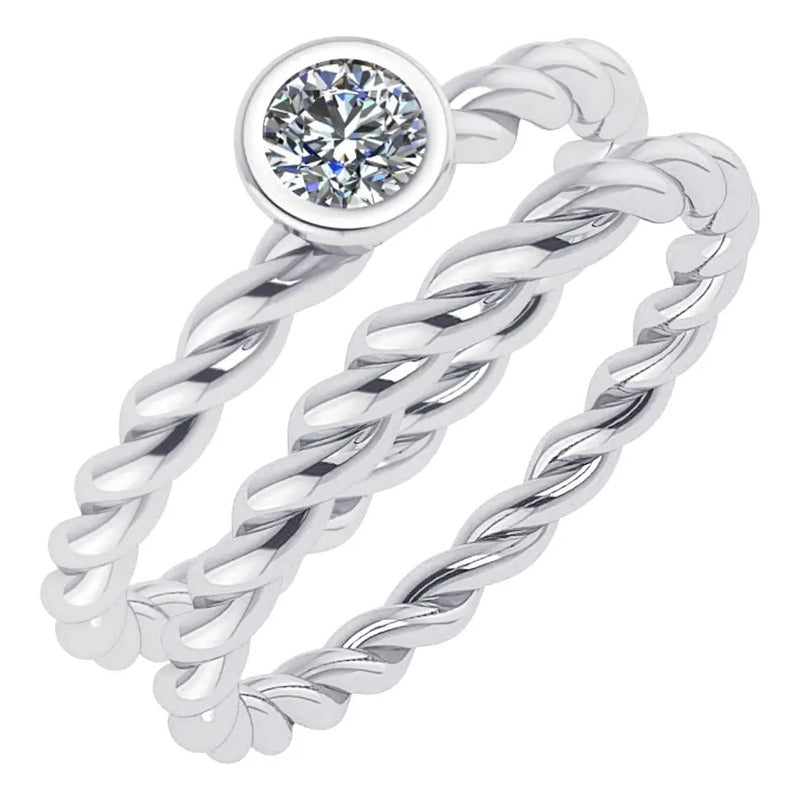 Anel Duplo Prata 925 Solitário Torcido Zirconia - Exclusivo