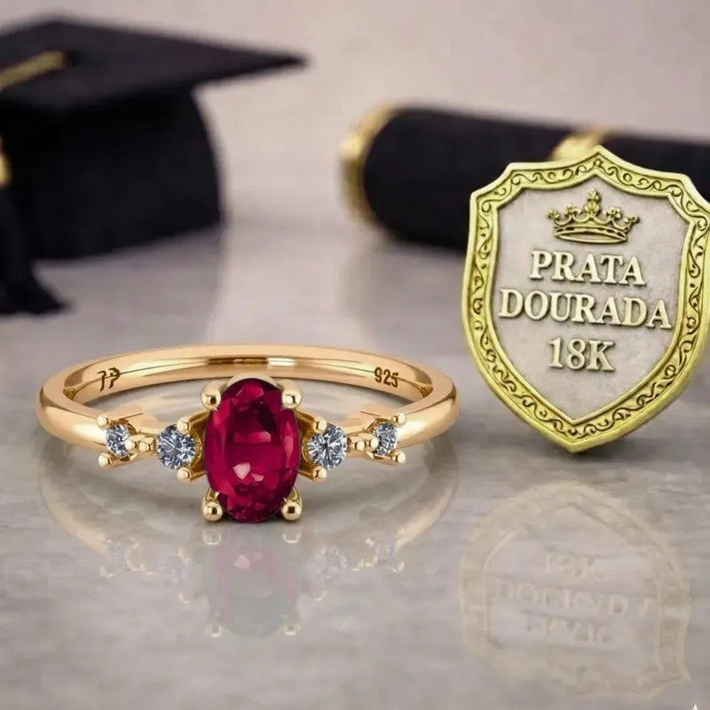 Anel Formatura Feminino Prata 925 Dourada 18k + Capelo Rubi 12-13