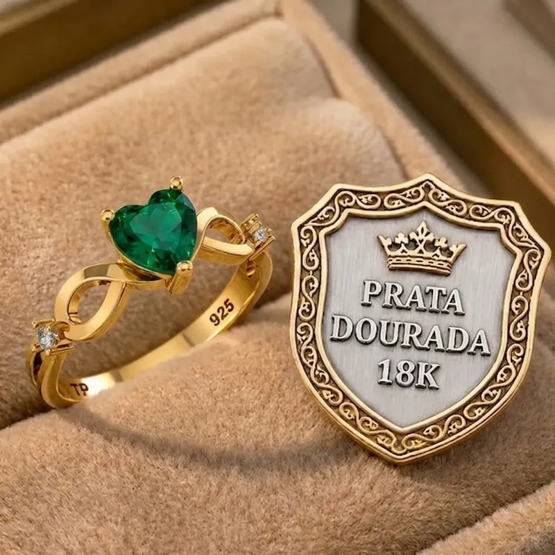 Anel Prata 925 Dourada 18k Infinito Amor Coração - Esmeralda