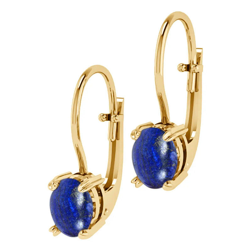 Brinco Trava Prata 925 Dourada 18k Lápis-lazúli Oval Azul