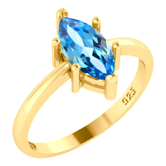 Anel Navete Prata 925 Dourada Ouro 18k - Topázio Azul