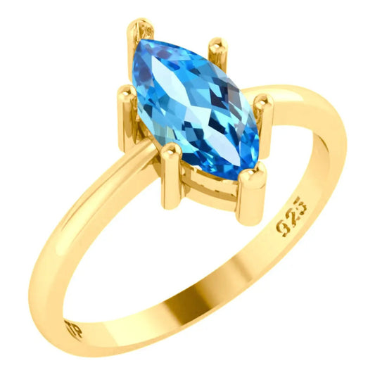 Anel Navete Prata 925 Dourada Ouro 18k - Topázio Azul