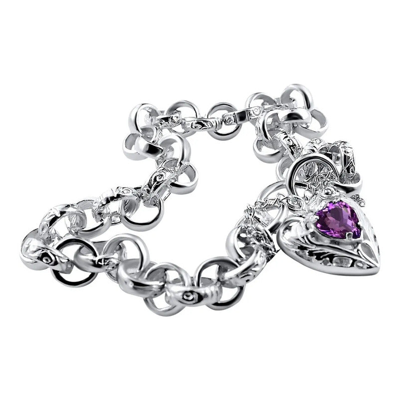Pulseira Prata 925 Elo Português Ametista- Fecho Coração