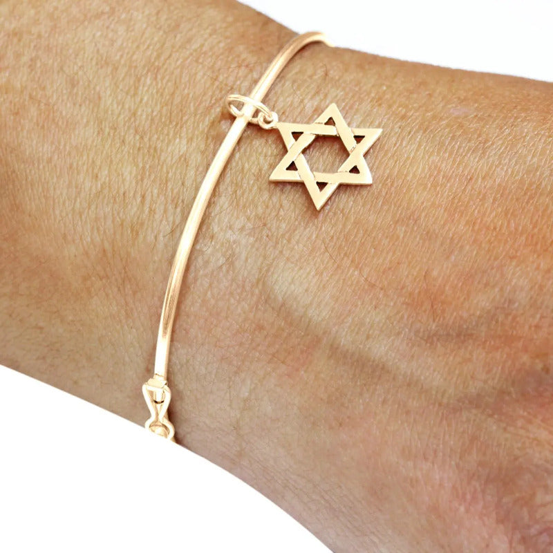 Bracelete Rígido Prata 925 Dourado 18k - Estrela De David Dourado 19 Cm