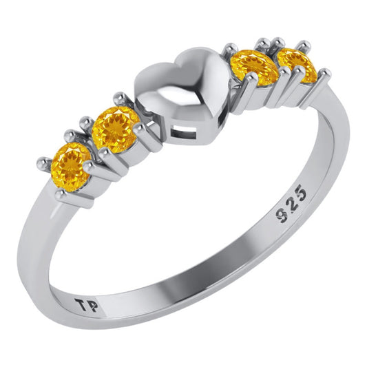 Solid Heart Ring In Pure 925 Silver - Citrine