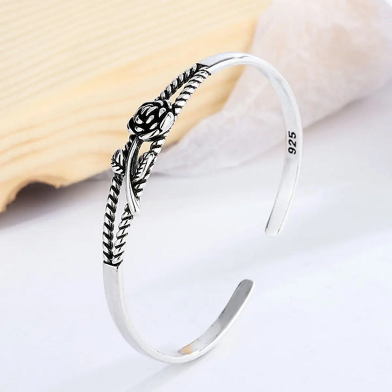 Pulseira Bracelete Floral Rígido Maciço Prata 925 - Feminino 6.5 Cm 22 Cm