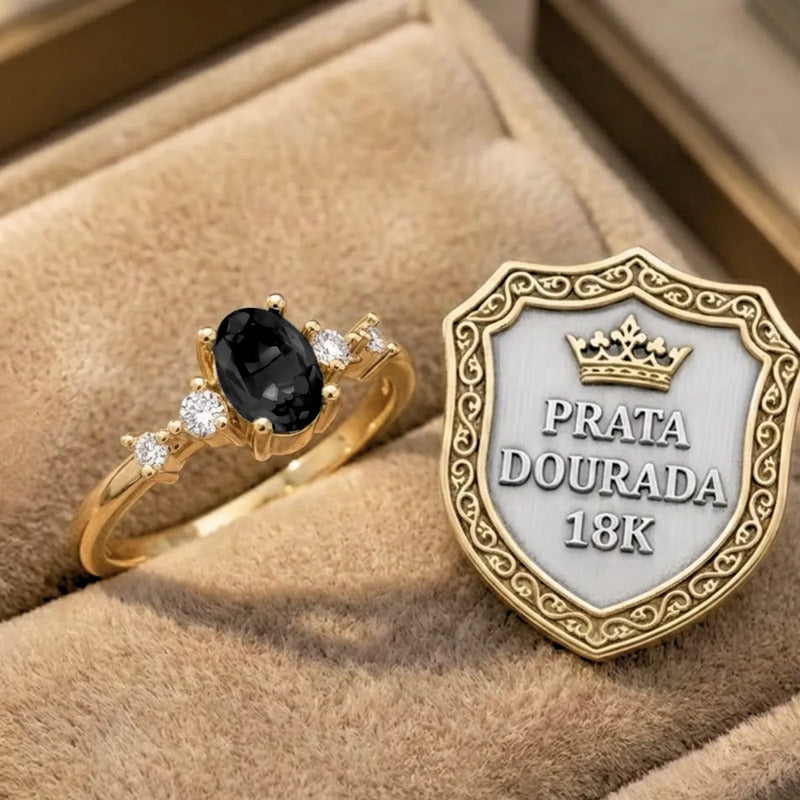 Anel London De Prata 925 Dourada Ouro 18k - Black Ônix