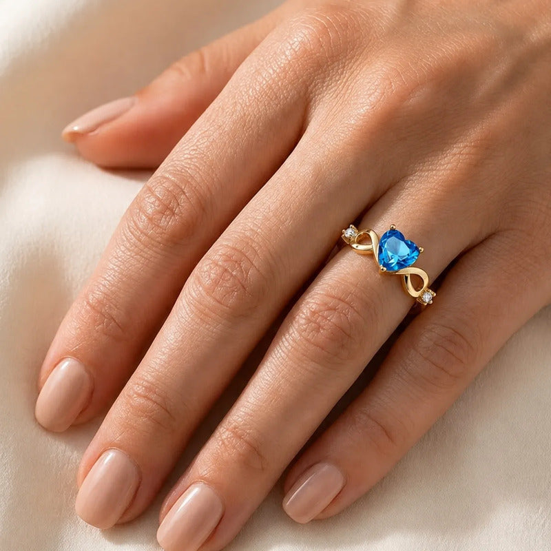 Anel Prata 925 Dourada 18k Infinito Amor Coração - Topázio