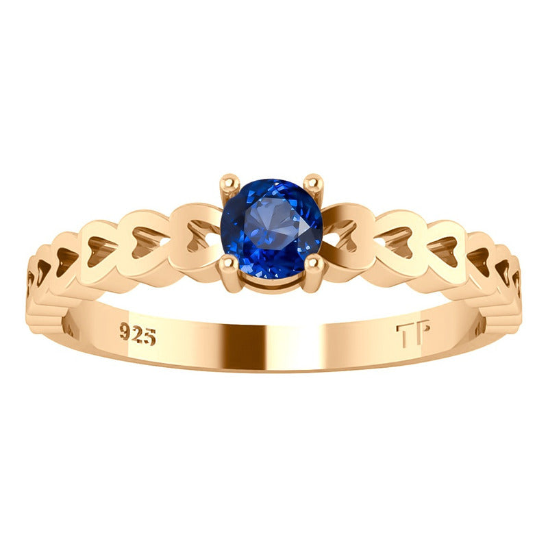 Anel Luxo Corações Prata 925 Dourada Ouro 18k Safira
