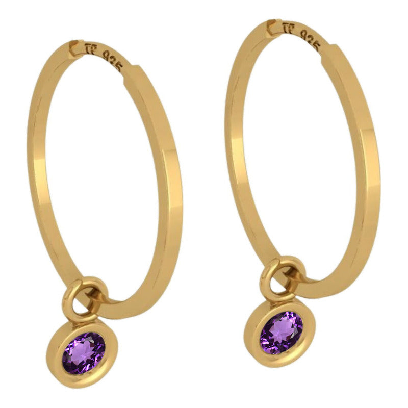 Brinco Argola Prata 925 Dourada 18k Ping Redondo - Ametista