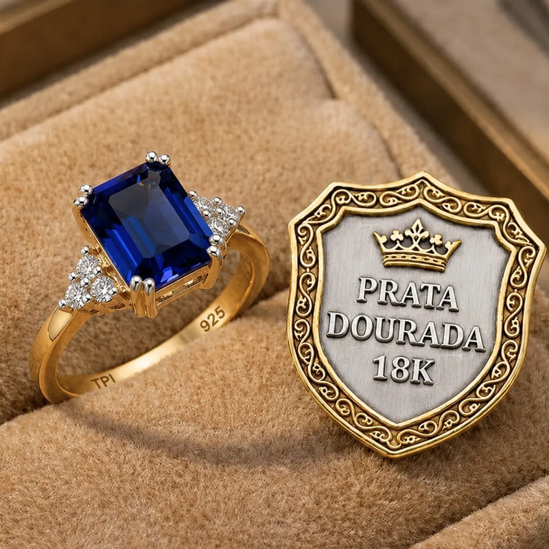 Anel Vintage Clássico Prata 925 Dourada 18k Safira