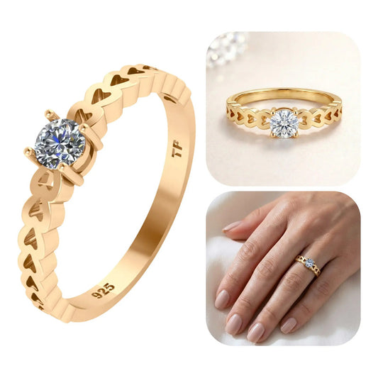 Anel Luxo Corações Prata 925 Dourada 18k Zircônia