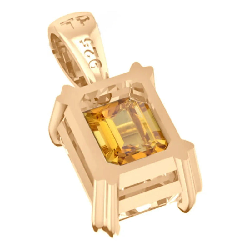 Pingente Retangular Prata 925 Dourada18k - Citrino Amarelo