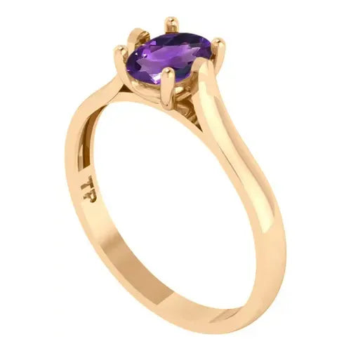 Anel Solitário Oval Em Prata 925 Dourada 18k - Ametista