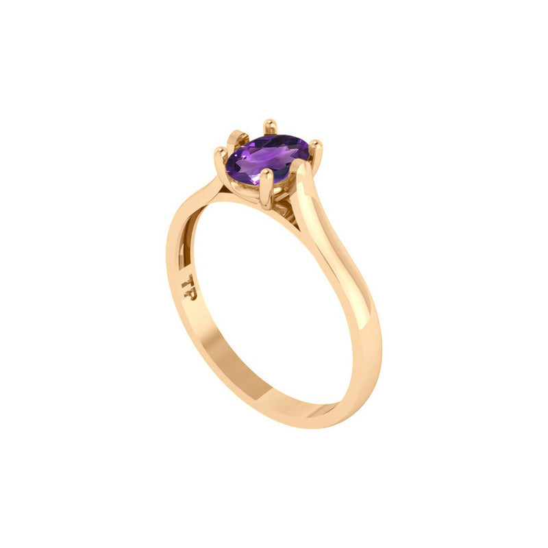 Anel Solitário Oval Em Prata 925 Dourada 18k - Ametista