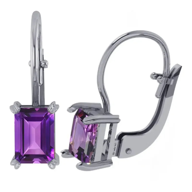 Brinco Trava Prata 925 Ametista Retangular - Exclusivo Roxo