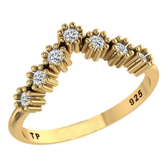Anel Prata 925 Dourada 18k V Chevron - Zircônias